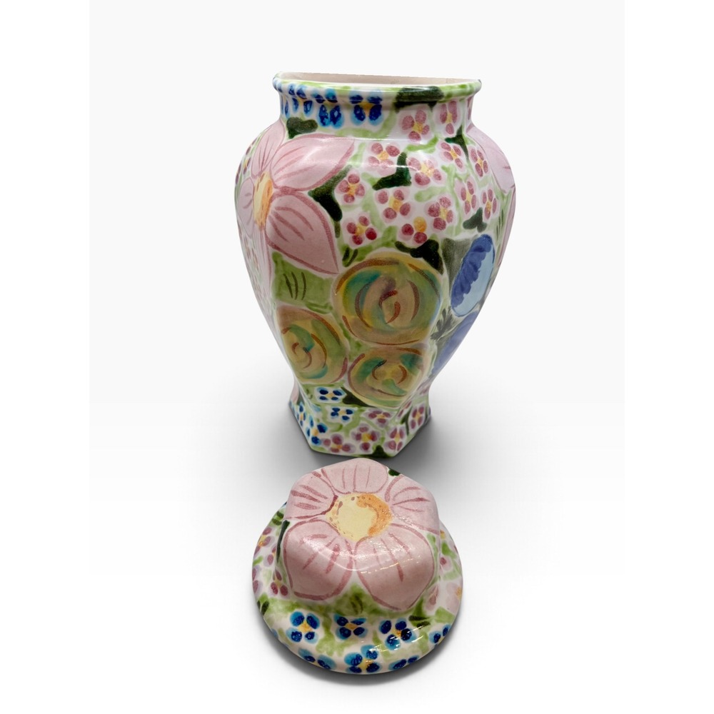 Hand Painted Floral Ceramic Ginger Jar with Lid Pink Blue Yellow 9.5 inch